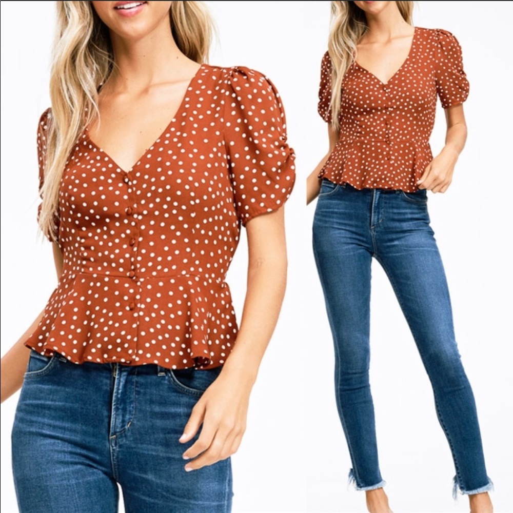 Rust Polka Dot Deep V Neck Button Peplum Shirt Top